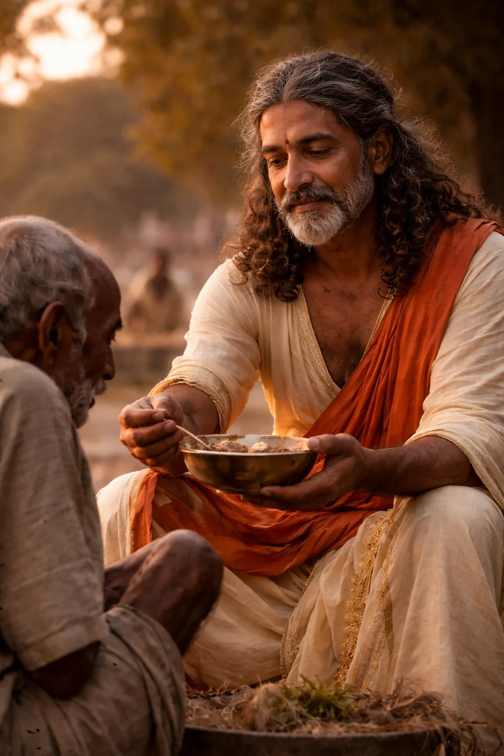 A compassionate depiction of King Rantideva offering his last food and water to a starving, frail man inside a dim, ancient palace, illuminated by warm golden light, capturing a powerful moment of selfless sacrifice and humanity.